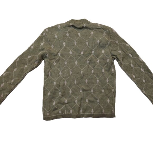 Vintage 1940s-1950s Olive Pea Green Beige Woven Print LS Knit V-Neck Sweater - Picture 6 of 8
